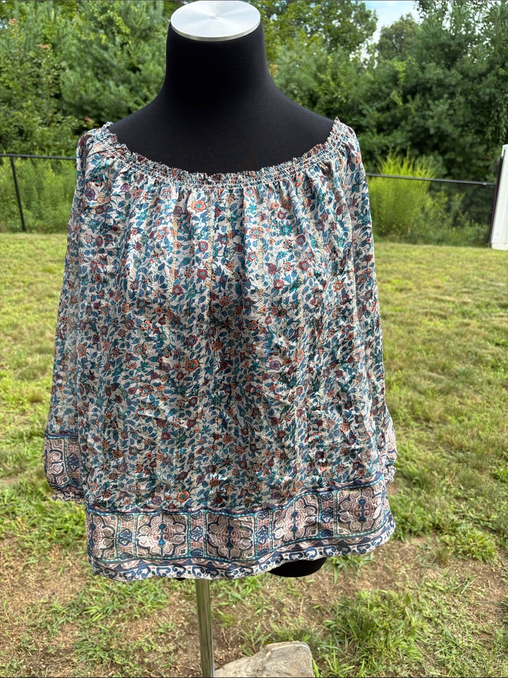 Joie Silk Floral Off-Shoulder Boho Flowy Peasant Top in Teal & Rust